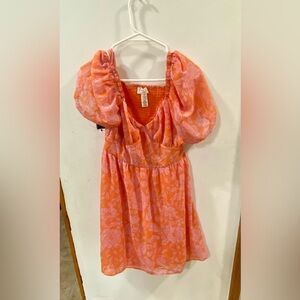Jessica Simpson Orange Pink Floral Puff Sleeve Milkmaid Dress Size M Cottagecore